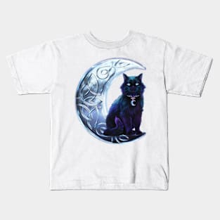 Celtic Black Cat on a Crescent Moon Kids T-Shirt